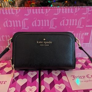 BNWOT Kate Spade Staci Dual Zip Around Saffiano Leather Crossbody Purse In Black